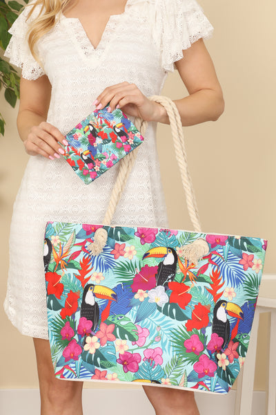 TROPICAL BIRD PRINT TOTE BAG WITH MATHCING WALLET