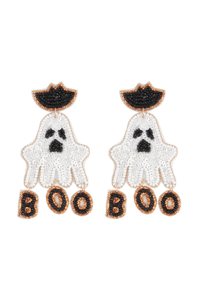 HALLOWEEN GHOST SEQUIN AND SEED BEADS DROP EARRINGS-BLACK WHITE