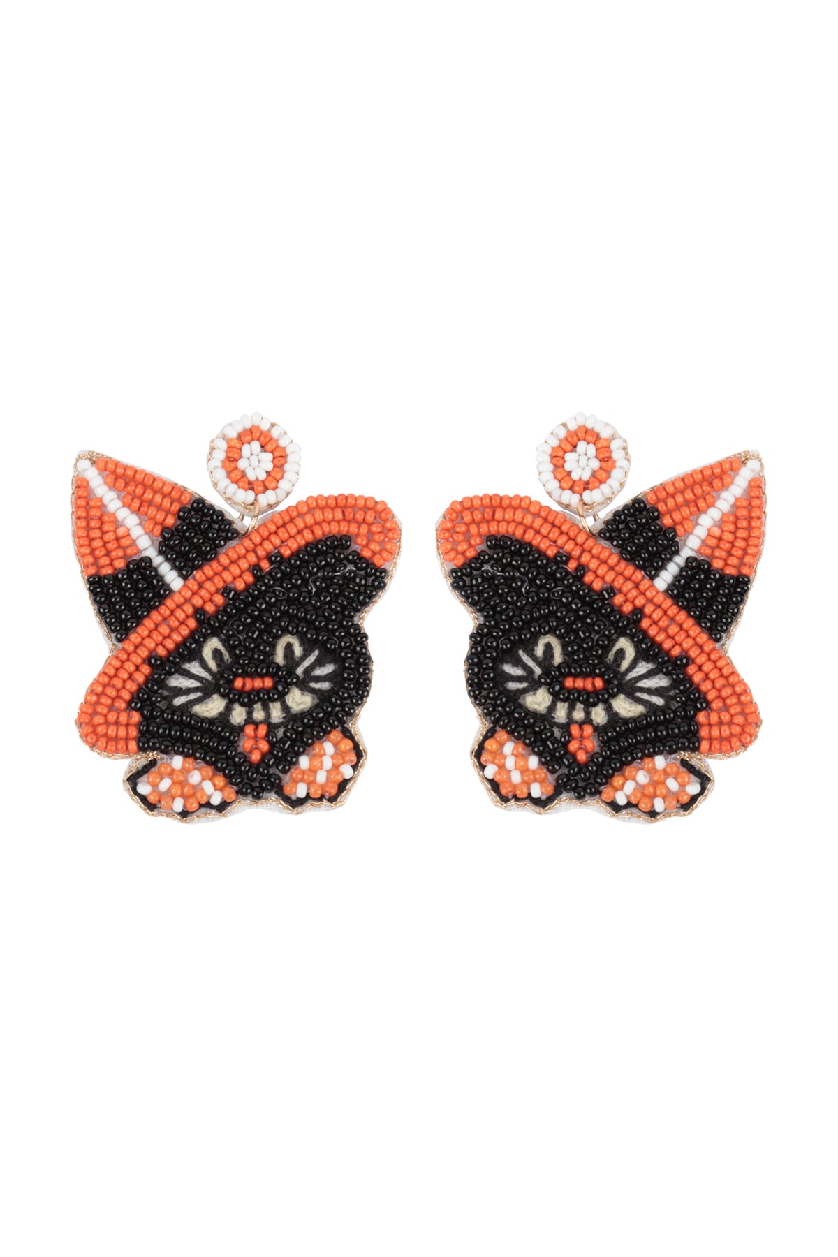 HALLOWEEN BLACK CAT WITH HAT SEED BEADS DROP EARRINGS-MULTICOLOR