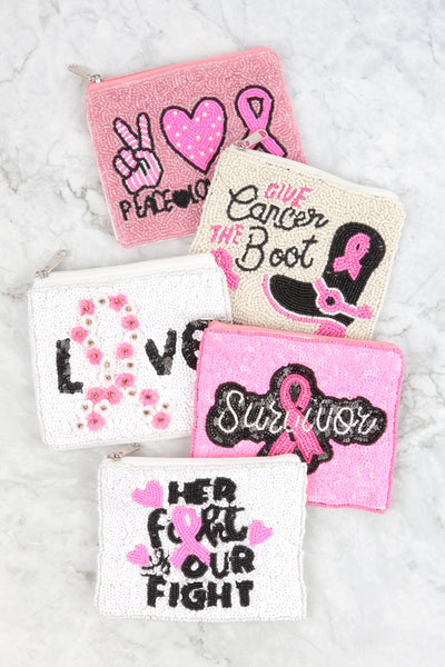 LOVE PINK RIBBON AWARENESS WITH FLOWERS SEQUIN COIN POUCH-WHITE