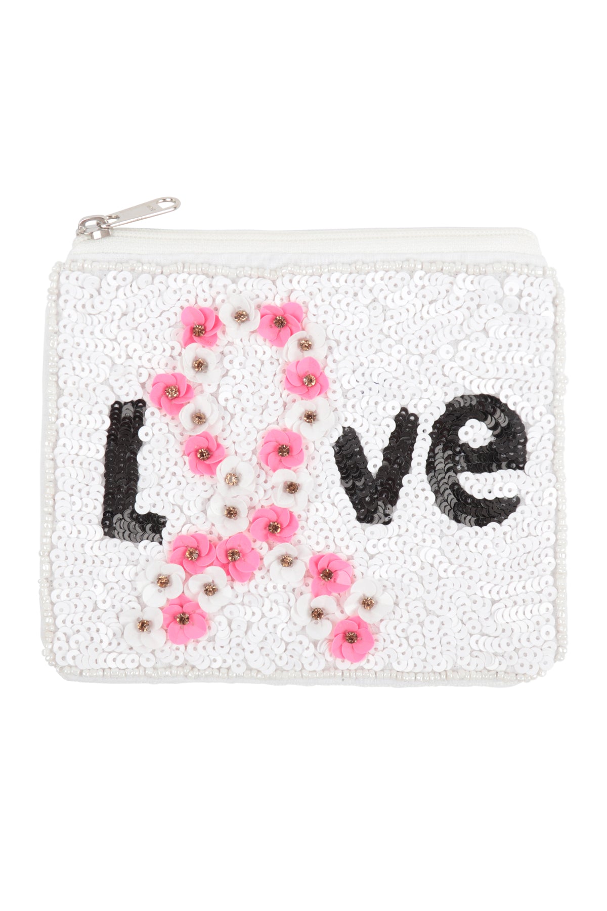 LOVE PINK RIBBON AWARENESS WITH FLOWERS SEQUIN COIN POUCH-WHITE