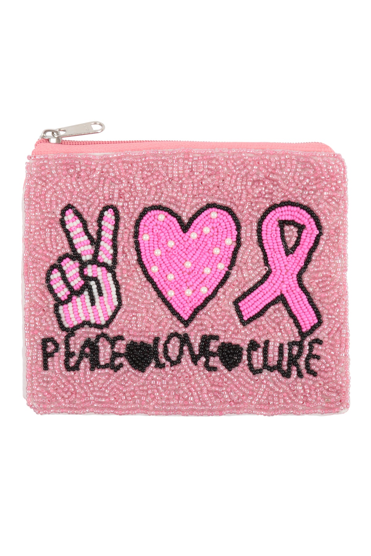 PEACE LOVE CURE PINK RIBBON AWARENESS SEED BEADS COIN POUCH-PINK