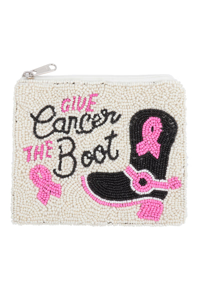 GIVE CANCER THE BOOT PINK RIBBON AWARENESS SEED BEADS COIN POUCH-CREAM