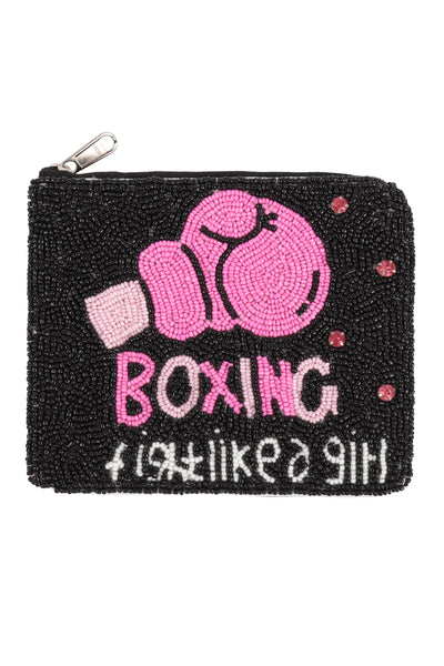 BOXING FIGHT LIKE A GIRL SEED BEADS COIN POUCH-BLACK
