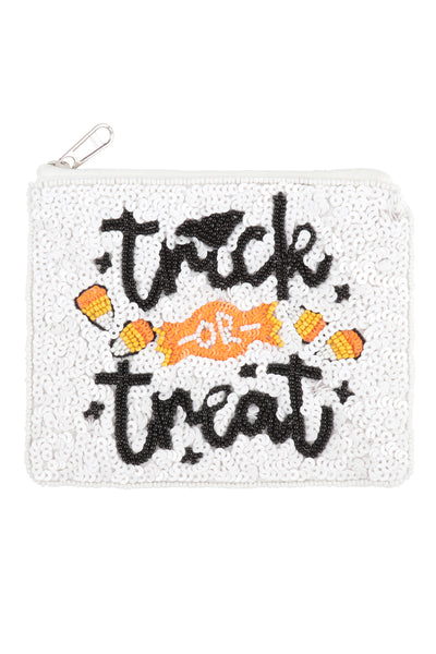 HALLOWEEN TRICK OR TREAT SEQUIN COIN POUCH-WHITE