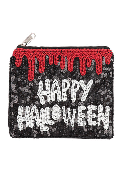 HAPPY HALLOWEEN SEQUIN AND SEED BEADS COIN POUCH-BLACK