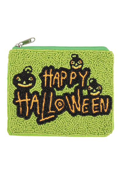 PUMPKIN HAPPY HALLOWEEN SEED BEADS COIN POUCH-YELLOW GREEN