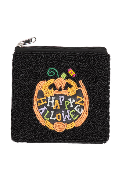 HAPPY HALLOWEEN PUMPKIN SEED BEADS COIN POUCH-BLACK