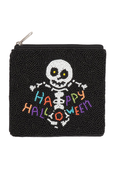 HAPPY HALLOWEEN SKULL SEED BEADS COIN POUCH-BLACK