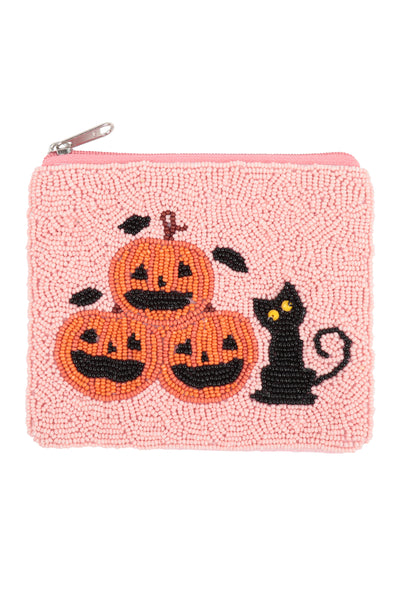 HALLOWEEN PUMPKINS WITH BLACK CAT SEED BEADS COIN POUCH-PINK