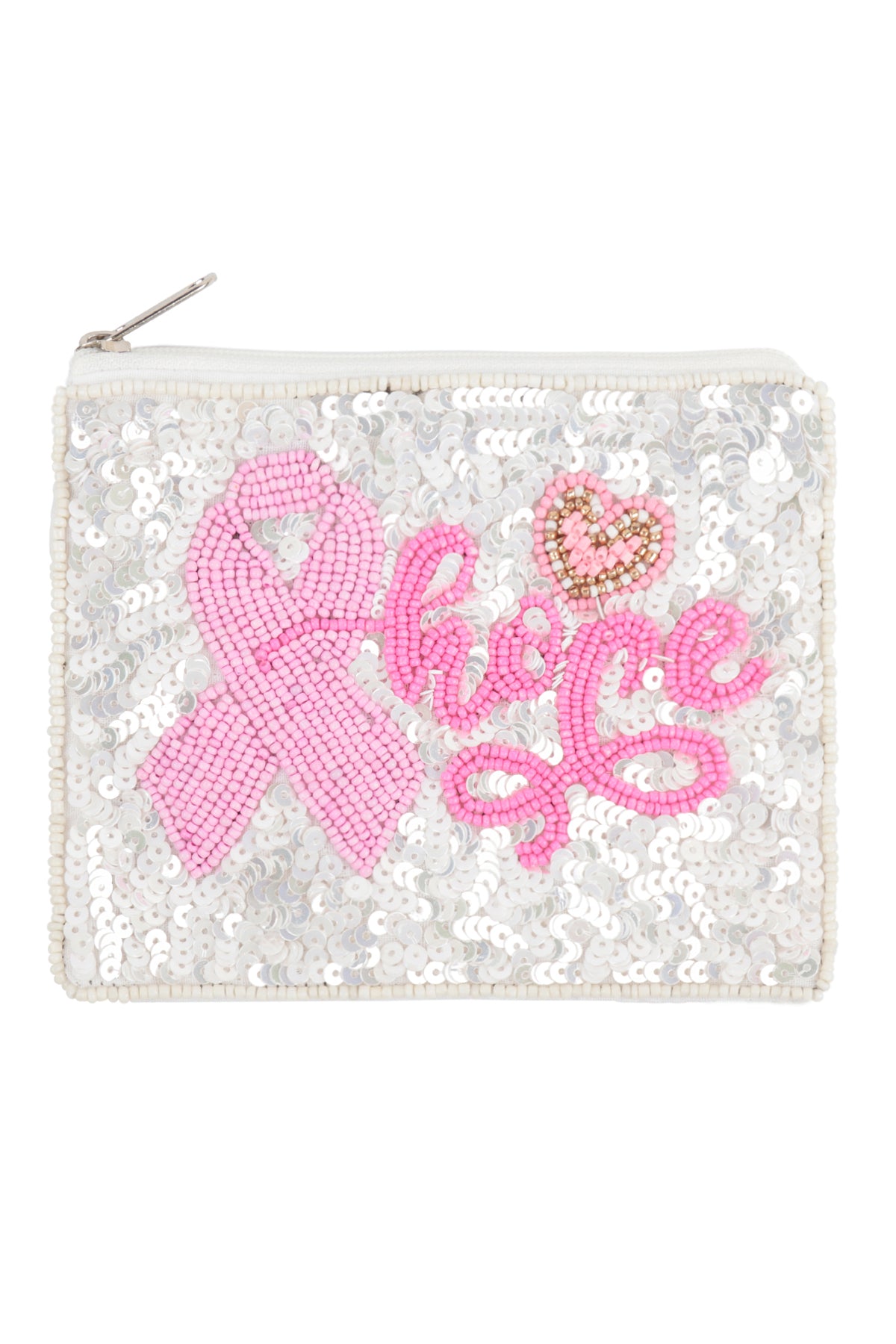 HOPE PINK RIBBON AWARENESS SEQUIN AND SEED BEADS COIN POUCH-WHITE