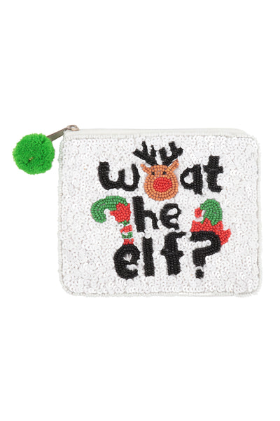 CHRISTMAS WHAT THE ELF SEQUIN AND SEED BEADS COIN POUCH-WHITE