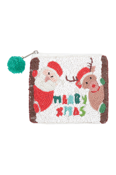 MERRY CHRISTMAS SANTA, REINDEER SEQUIN AND SEED BEADS COIN POUCH-WHITE
