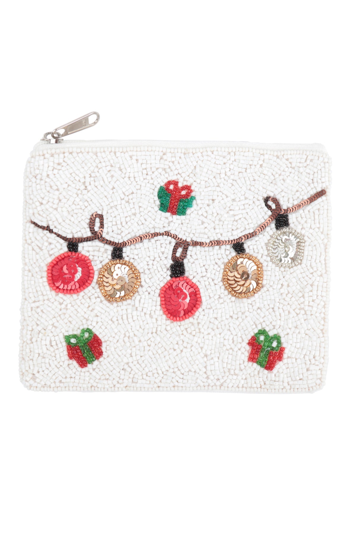 CHRISTMAS LIGHTS SEED BEADS COIN POUCH-WHITE