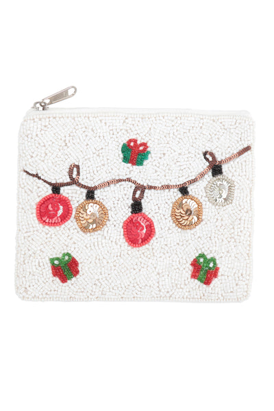 CHRISTMAS LIGHTS SEED BEADS COIN POUCH-WHITE
