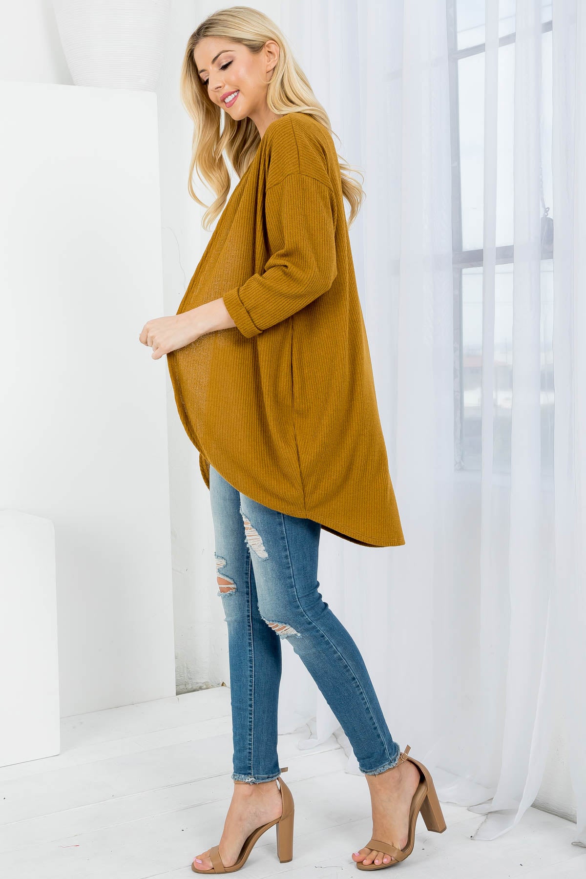 OPEN FRONT CUFFED SLEEVE RIBBED CARDIGAN 2-2-2