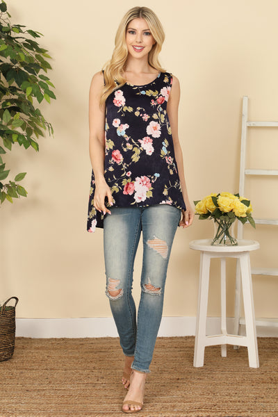 NAVY FLORAL PRINT SCOOPED NECKLINE WITH SIDE SLIT ASYMETRIC TOP 2-2-2