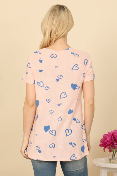 BLUSH BLUE HEART PRINTED WAFFLE TOP-2-2-2 (NOW $ 4.75 ONLY!)