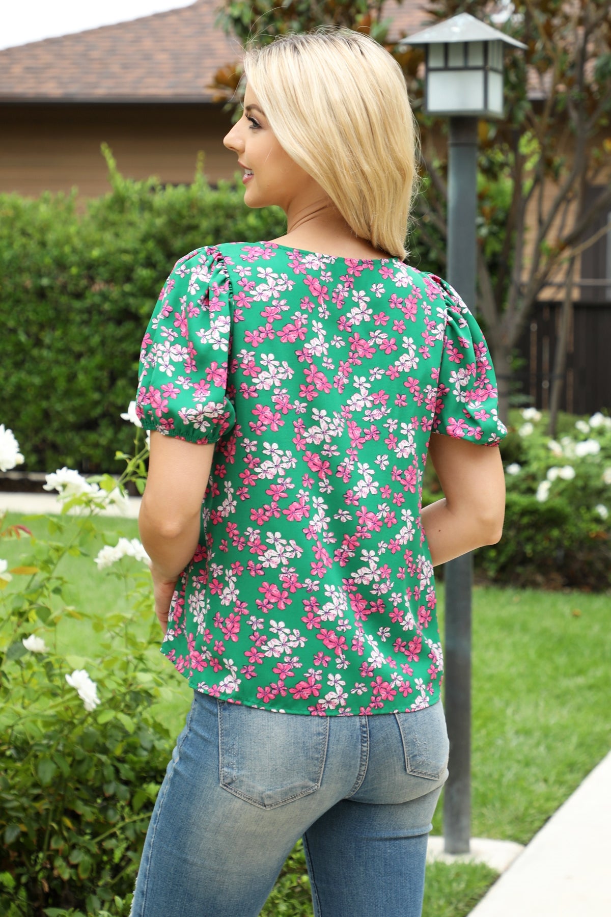 GREEN PINK FLORAL SQUARE NECKLINE TOP 2-2-2 (NOW $3.50 ONLY!)