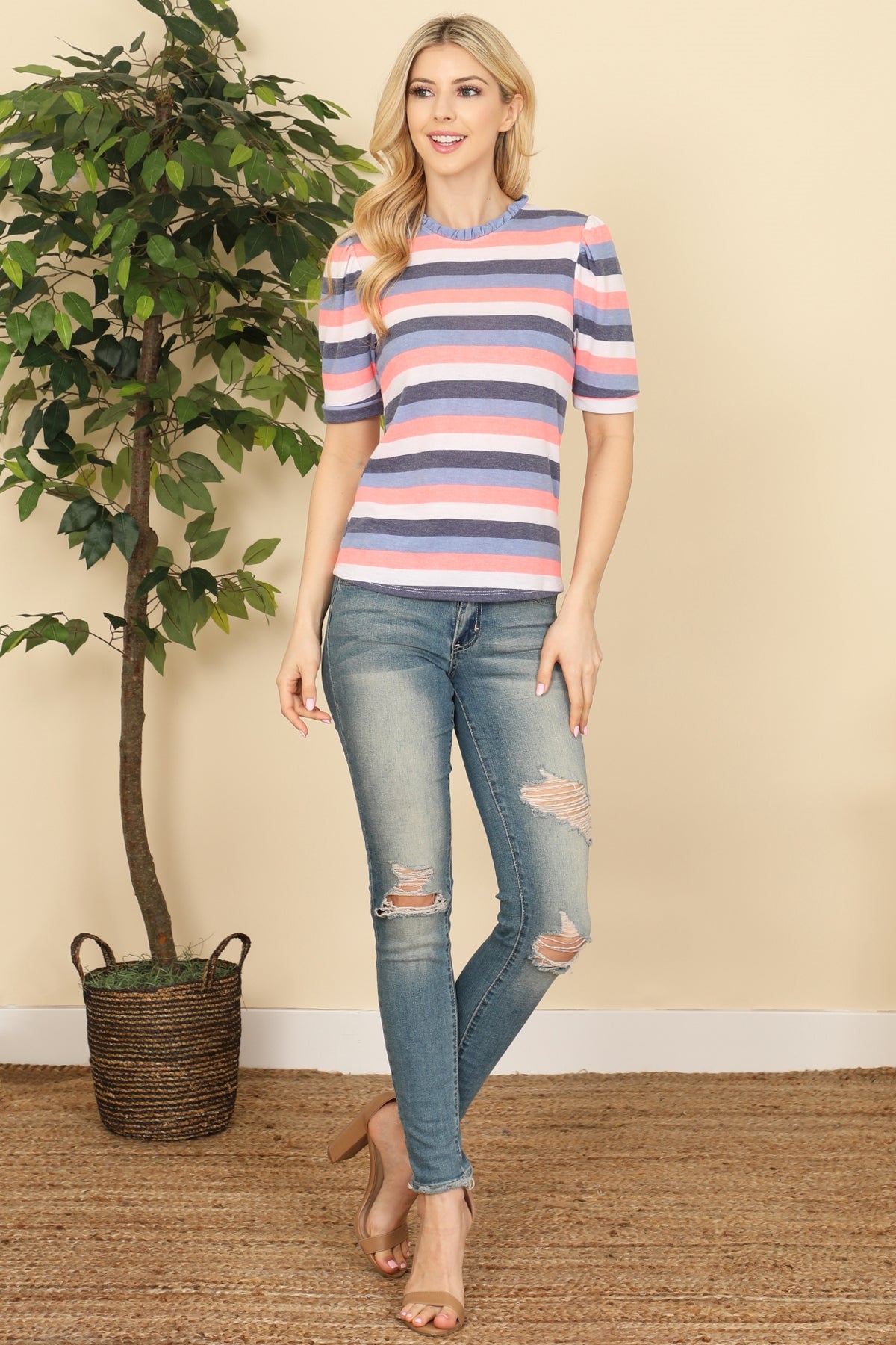 CORAL MULTI STRIPES MERROW NECKLINE TOP-2-2-2 (NOW $3.00 ONLY!)