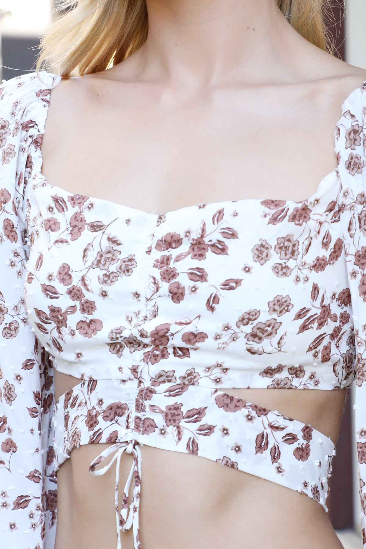 WHITE BROWN FLORAL TUNNEL DETAIL LONG SLEEVE CROP TOP 3-2-1 (NOW $3.25 ONLY!)