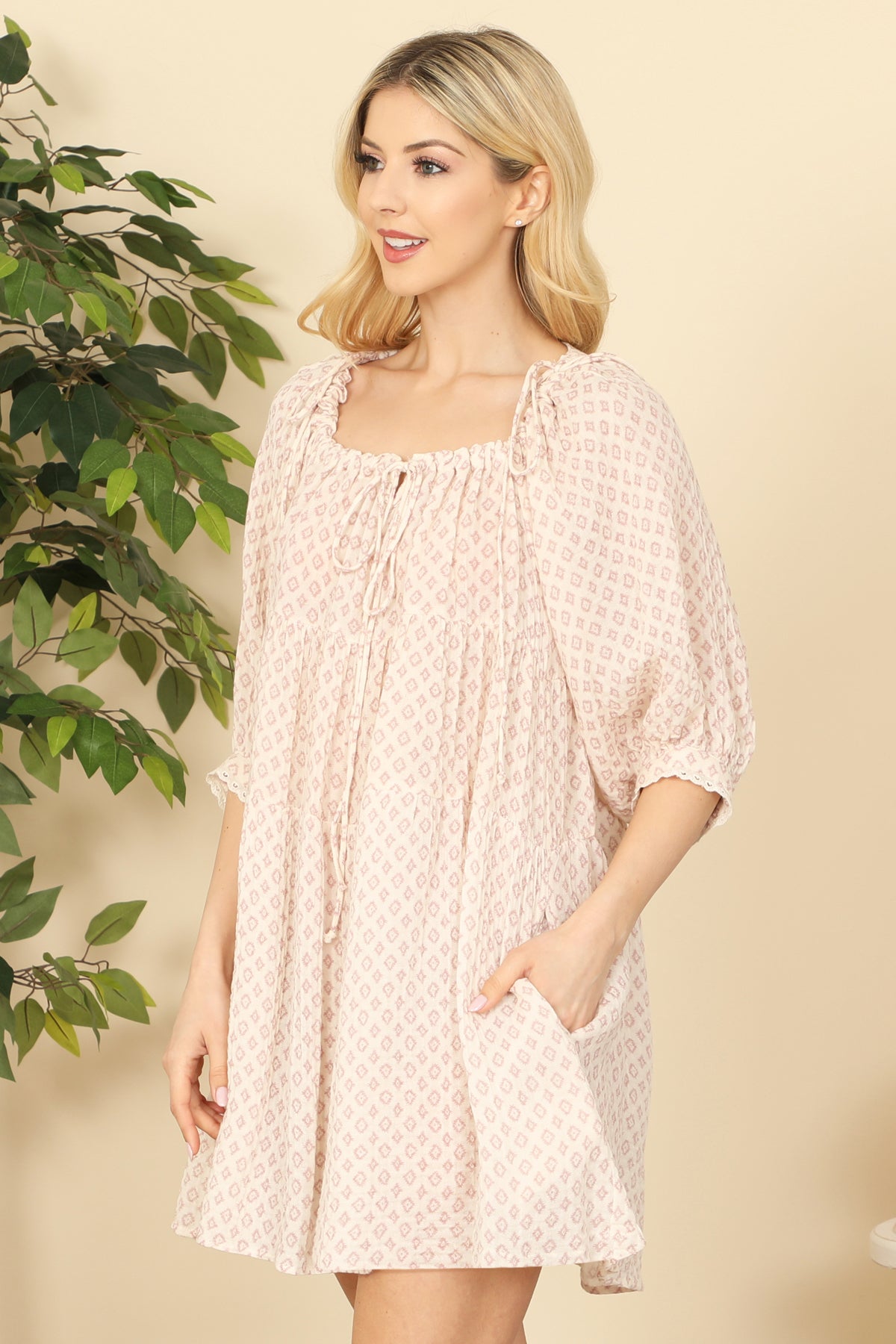 MAUVE CREAM PRINTED HALF PUFF SLEEVE BABYDOLL DRESS 2-2-1 (NOW $5.75 ONLY!)