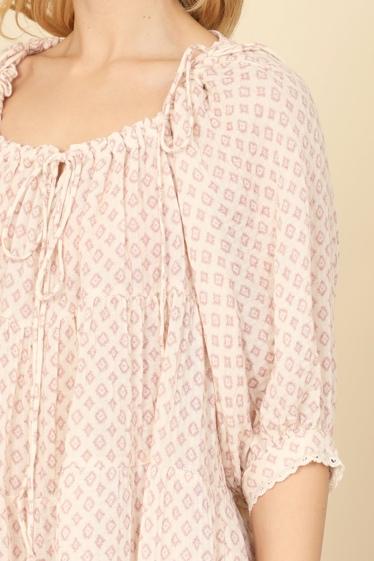 MAUVE CREAM PRINTED HALF PUFF SLEEVE BABYDOLL DRESS 2-2-1 (NOW $5.75 ONLY!)