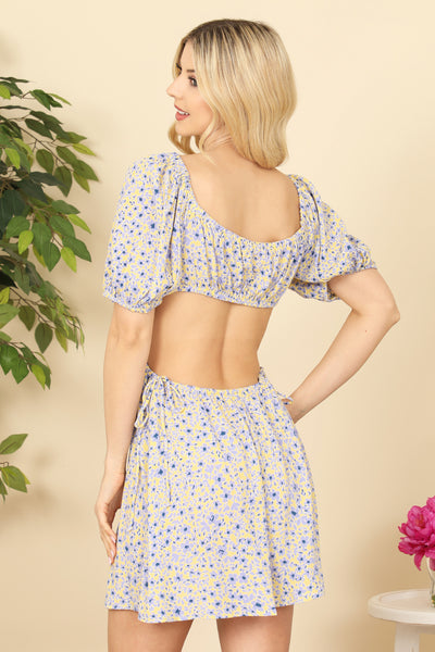 YELLOW LILAC SIDE OPEN PUFF SLEEVE FLORAL DRESS 2-2-1