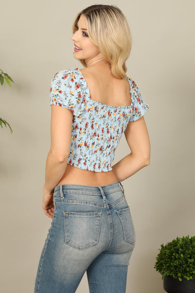 BLUE SHORT PUFF SLEEVE RINCHED TIE DETAIL FLORAL CROP TOP 2-2-1