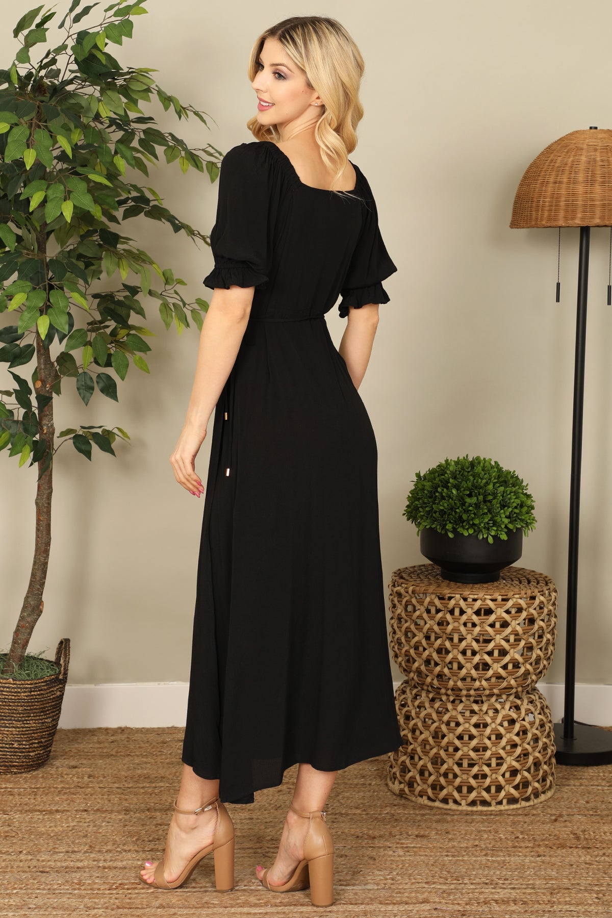 WRAP PUFF SLEEVE SIDE SLIT SOLID MIDI DRESS 2-2-1 (NOW $ 6.75 ONLY!)