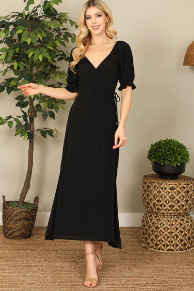 WRAP PUFF SLEEVE SIDE SLIT SOLID MIDI DRESS 2-2-1 (NOW $ 6.75 ONLY!)