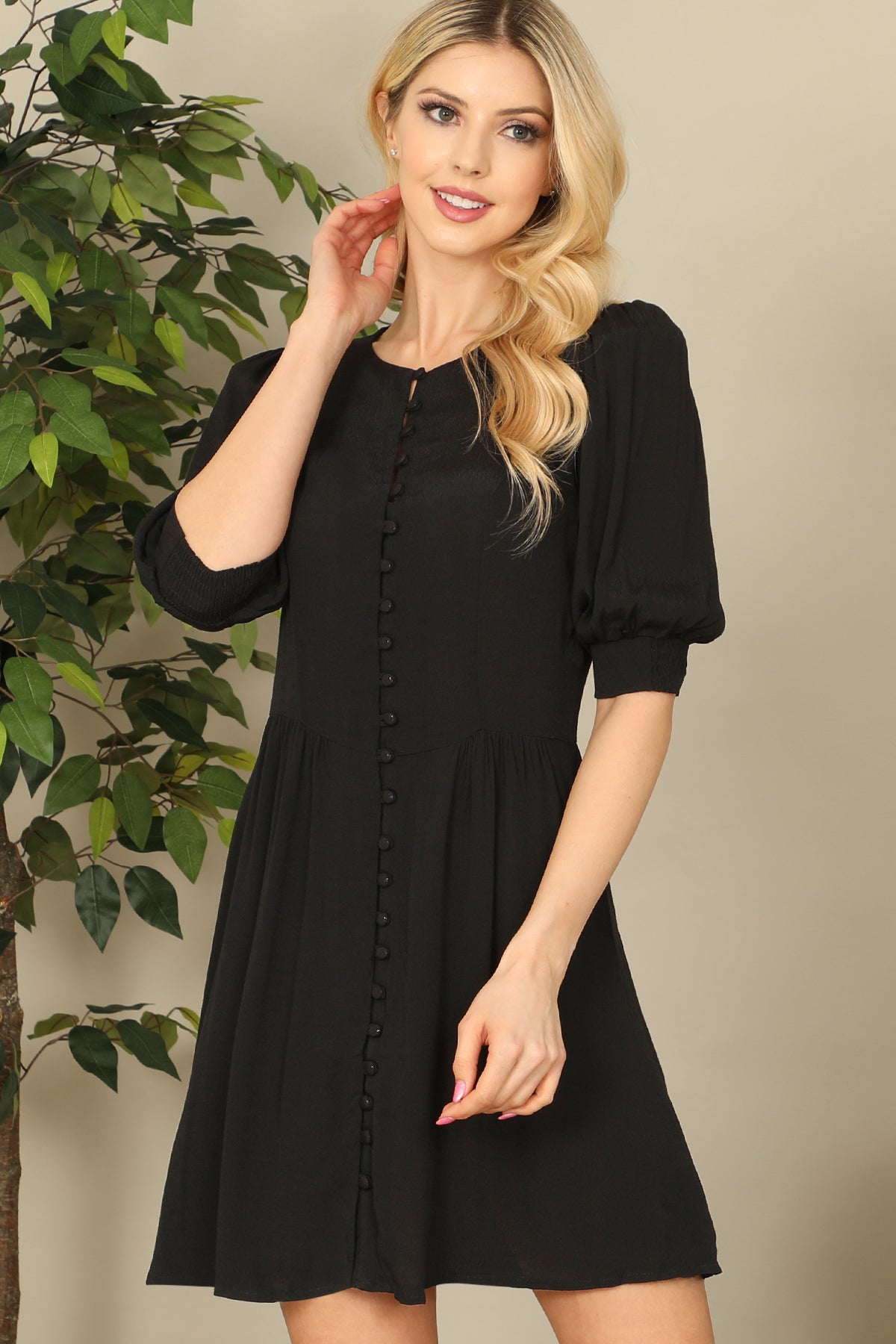 HALF PUFF SLEEVE BUTTON-DOWN SOLID DRESS 2-2-1