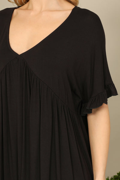 V-NECK RUFFLE SLEEVE SOLID DRESS 2-2-2-2 (NOW $5.75 ONLY!)