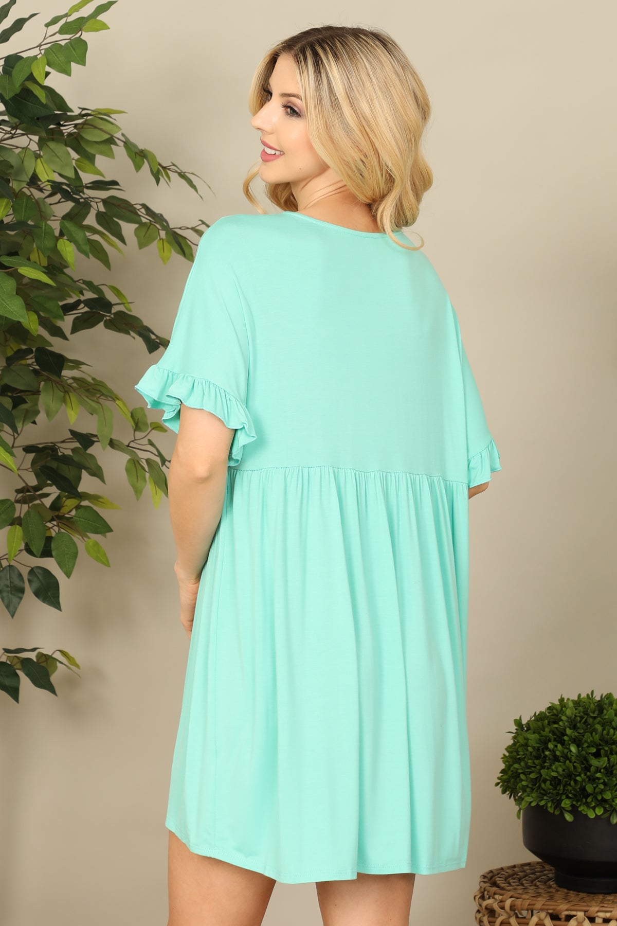 V-NECK RUFFLE SLEEVE SOLID DRESS 2-2-2-2 (NOW $5.75 ONLY!)