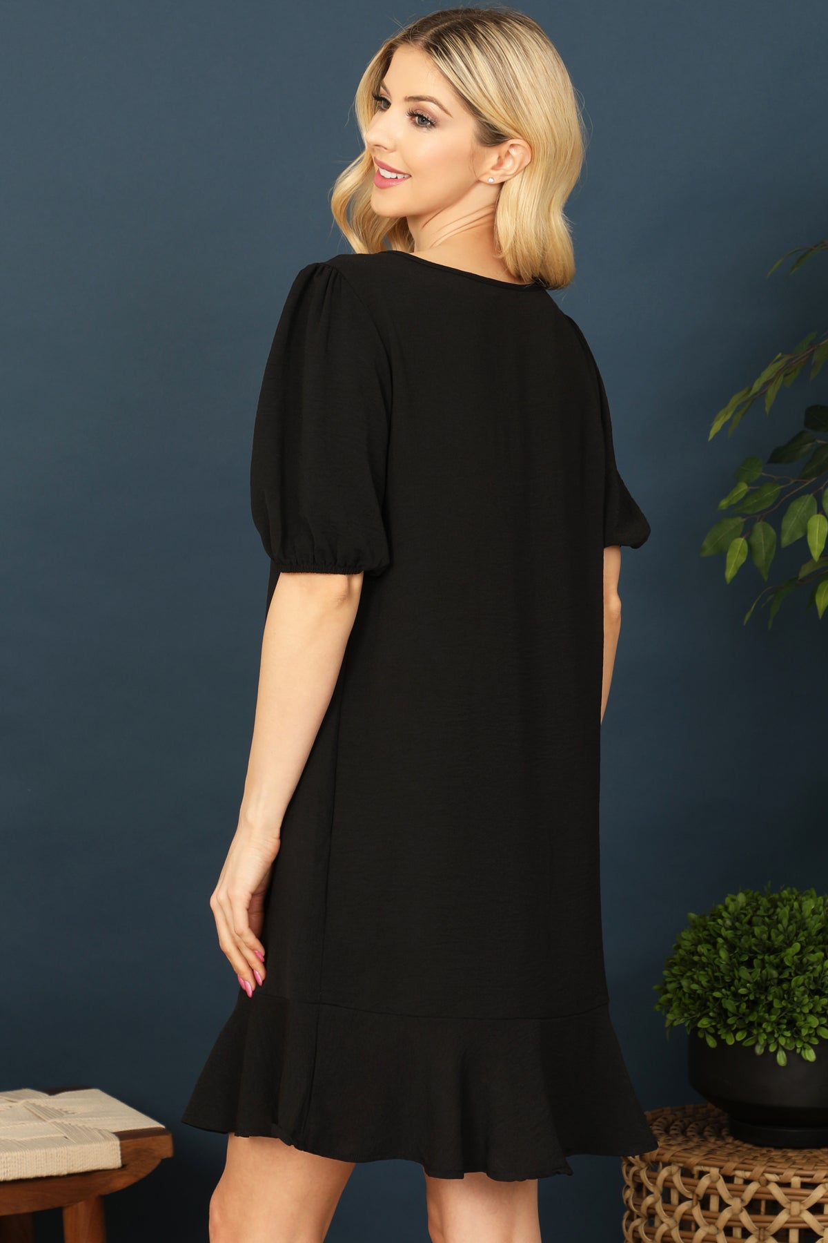 BOAT NECK PUFF SLEEVE RUFFLE HEM SOLID DRESS 2-2-2-2 (NOW $ 5.75 ONLY!)
