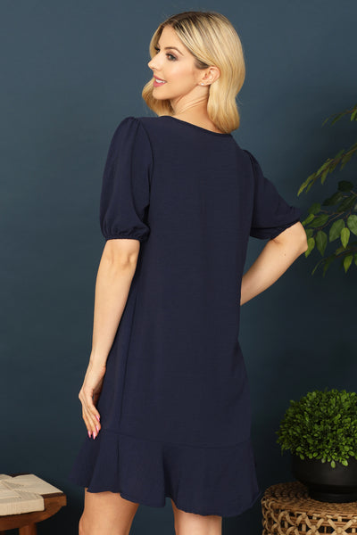BOAT NECK PUFF SLEEVE RUFFLE HEM SOLID DRESS 2-2-2-2 (NOW $ 5.75 ONLY!)