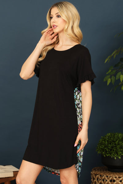 BLACK RUFFLE SLEEVE SOLID FRONT FLORAL BACK DRESS 2-2-2-2