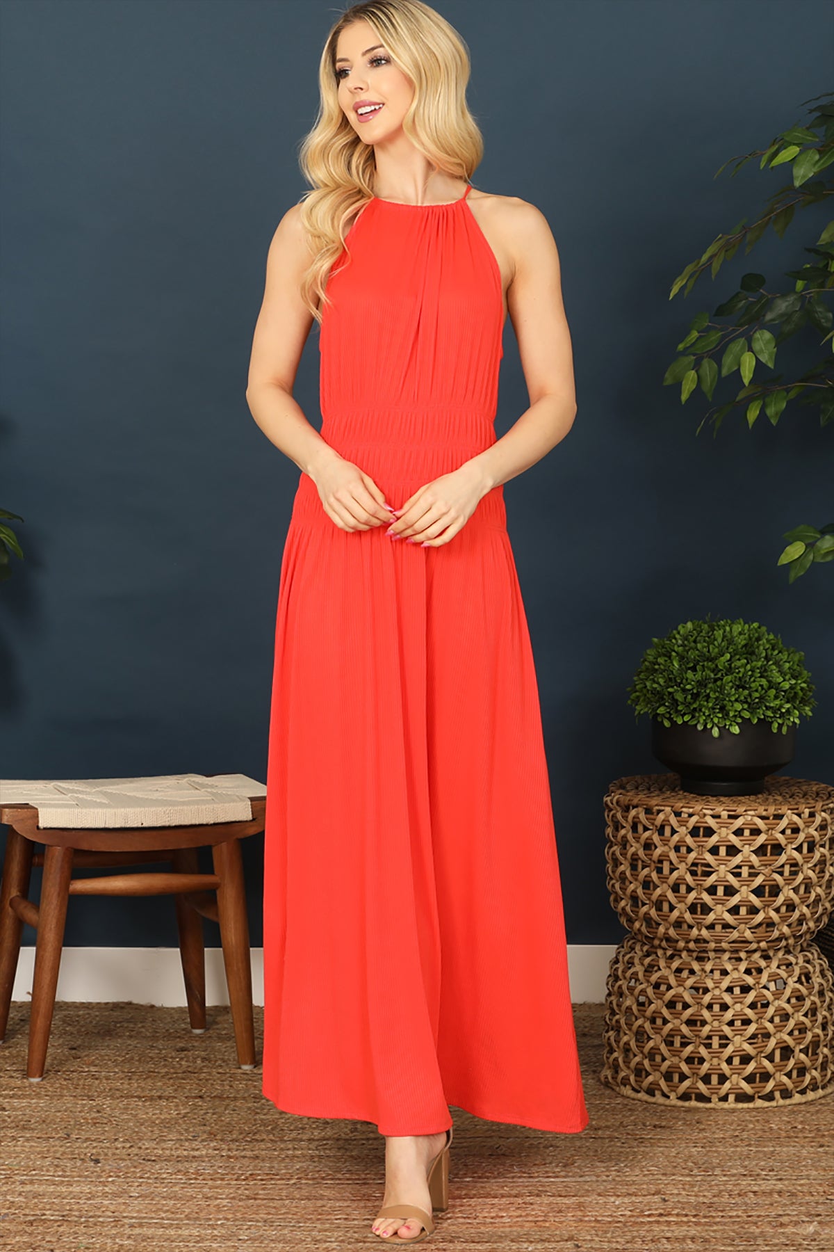 ORANGE HALTER NECK ELASTIC WAIST SOLID MAXI DRESS 2-2-2 – MYS Wholesale