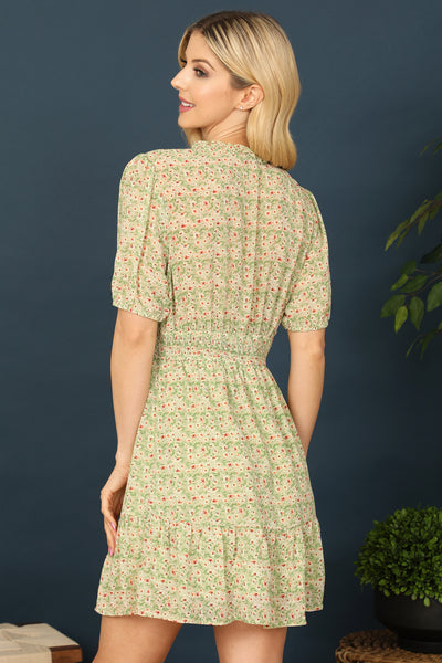 NOTCH NECK PUFF SLEEVE SMOCKED WAIST FLORAL DRESS 2-2-2 (NOW $ 6.75 ONLY!)