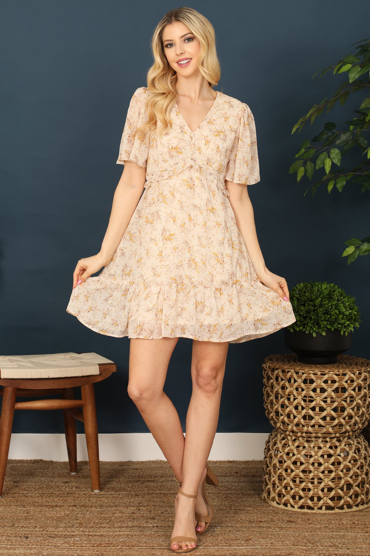 V-NECK BELL SLEEVE RUFFLE DETAIL FLORAL DRESS 2-2-2 (NOW $6.75 ONLY!)
