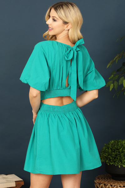 KELLY GREEN PUFF SLEEVES BACK RIBBON CUT-OUT WAIST SOLID DRESS 2-2-2