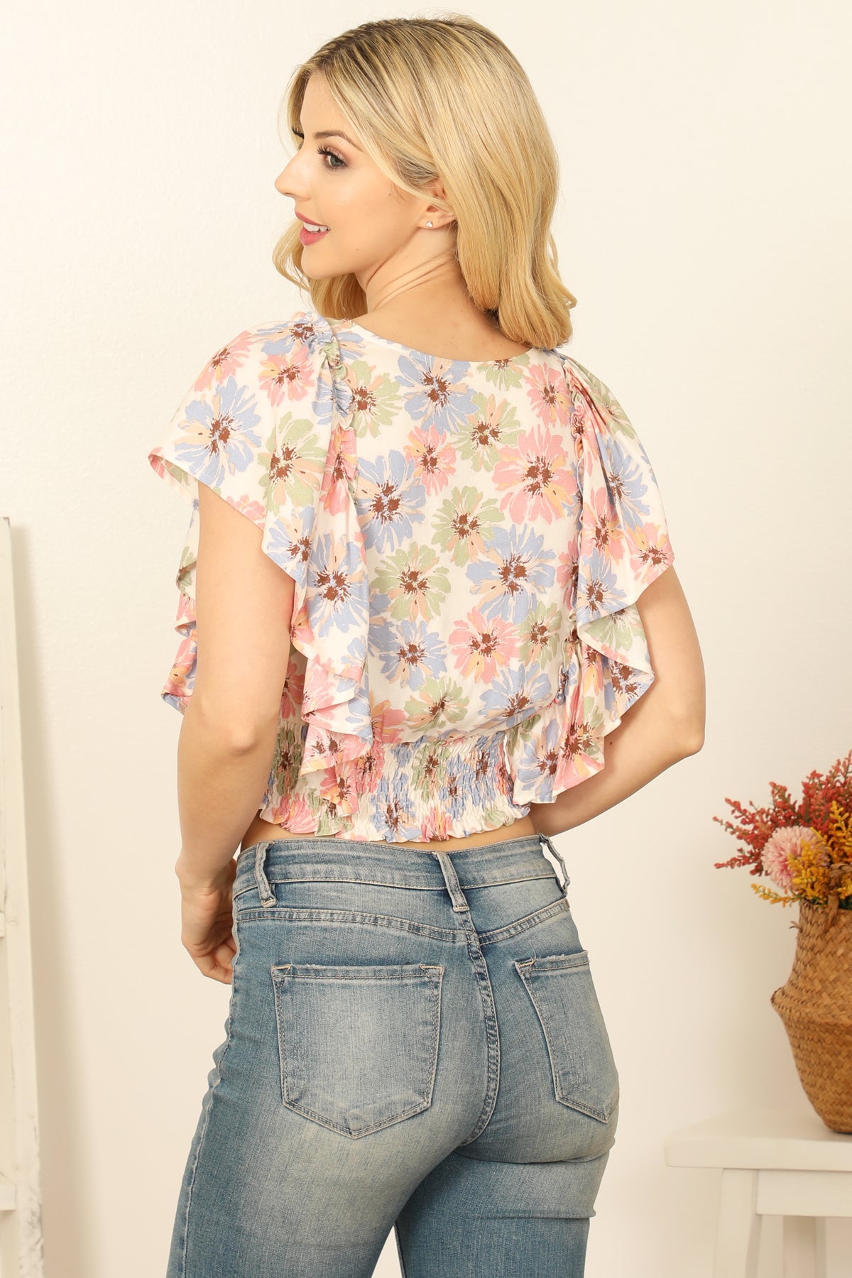 DUSTY CORAL BLUE WRAP RUFFLE DETAIL SMOCKED WAIST FLORAL CROP TOP 3-2-1