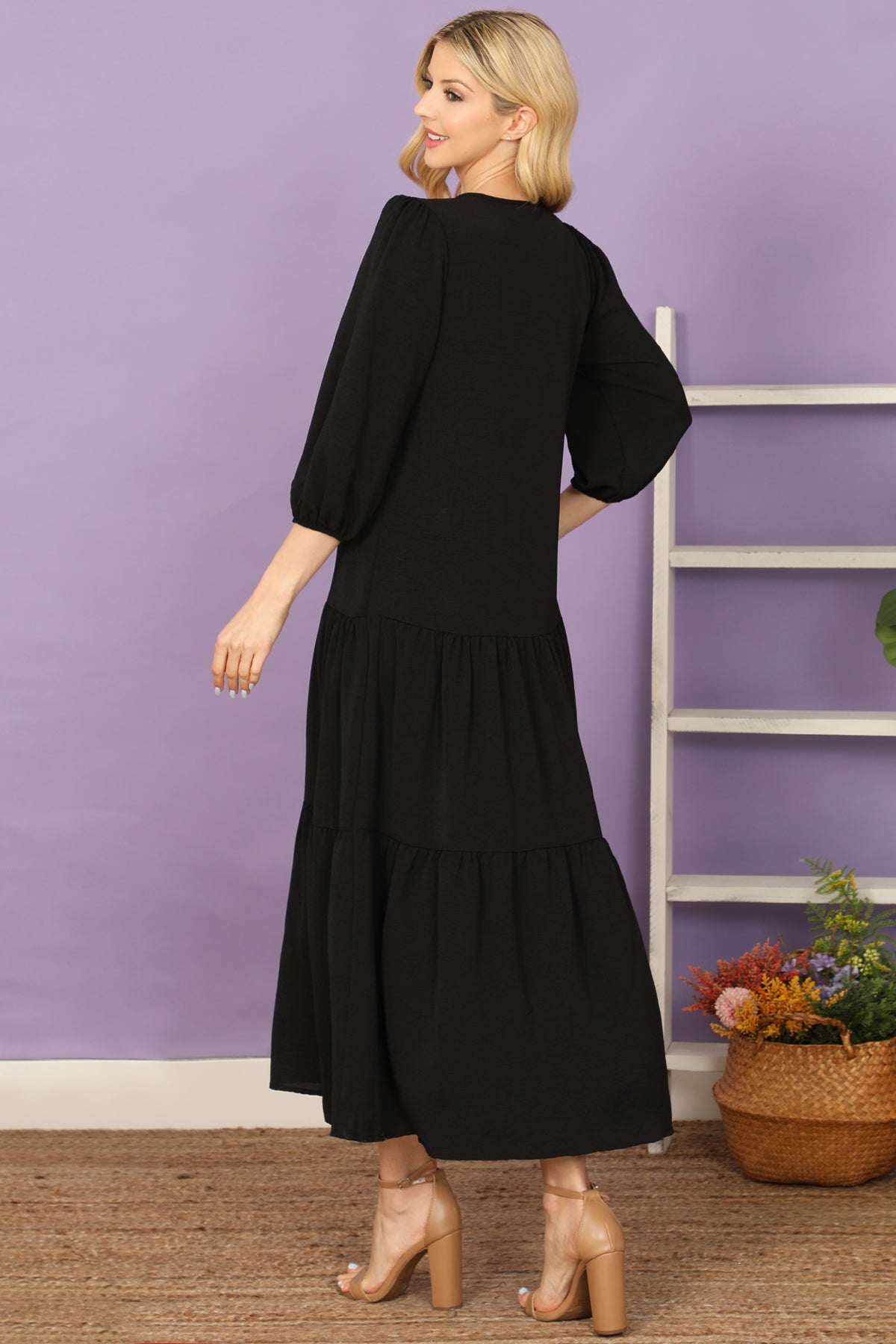 NOTCH NECK LONG SLEEVE TIERED RUFFLE SOLID MAXI DRESS 2-2-2-2