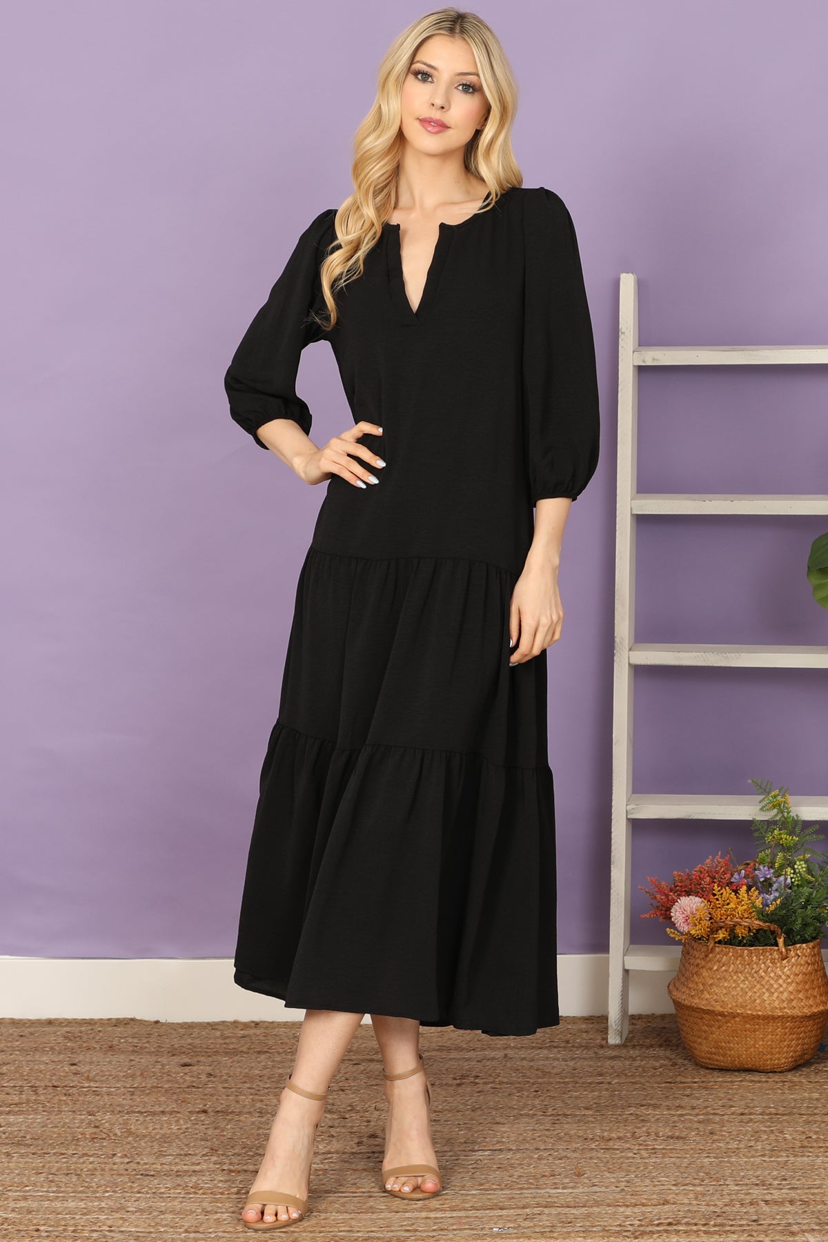 NOTCH NECK LONG SLEEVE TIERED RUFFLE SOLID MAXI DRESS 2-2-2-2