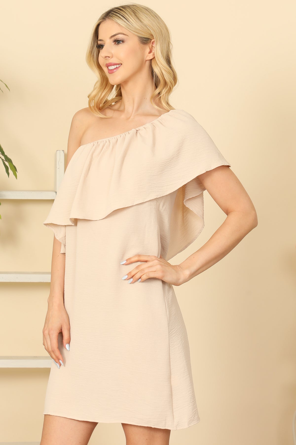 RUFFLE ONE SHOULDER SOLID DRESS 2-2-2-2