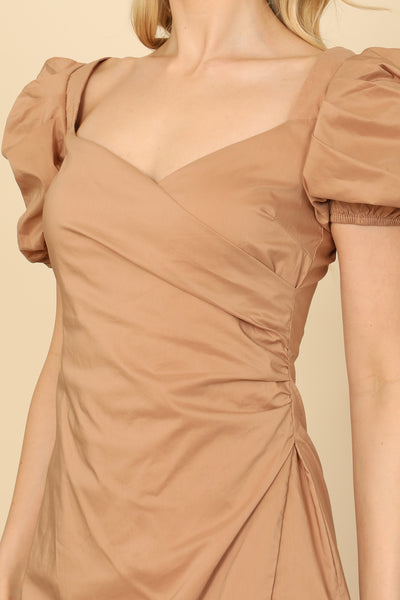 PUFF SHORT SLEEVE SIDE RUCHED WRAP DETAIL MINI DRESS 2-2-1