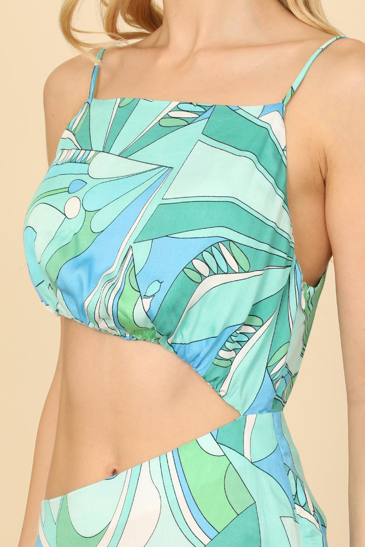 GREEN BLUE SPGHETTI STRAP ONE SIDE CUT-OUT PRINTED MAXI DRESS 2-2-1
