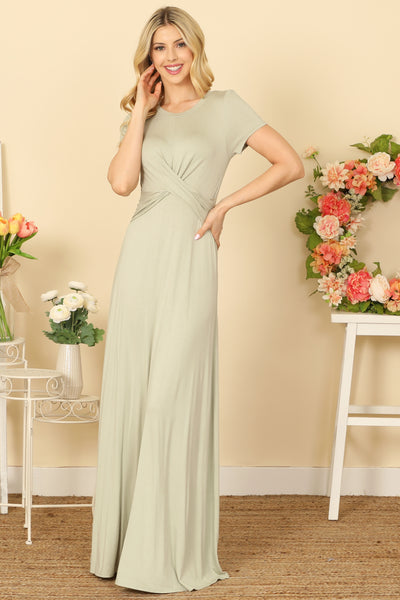 SHORT SLEEVE ROUND NECK CROSS FRONT SOLID MAXI DRESS 2-2-2-2