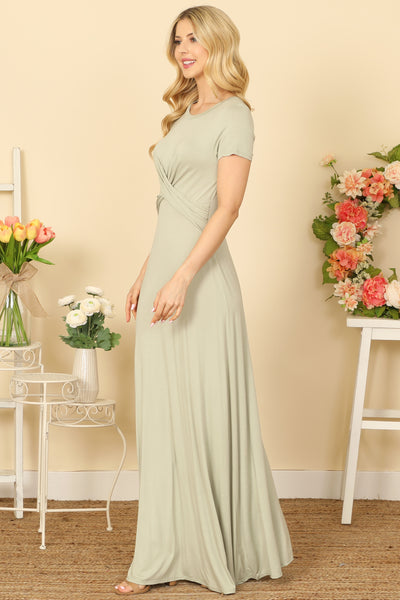 SHORT SLEEVE ROUND NECK CROSS FRONT SOLID MAXI DRESS 2-2-2-2
