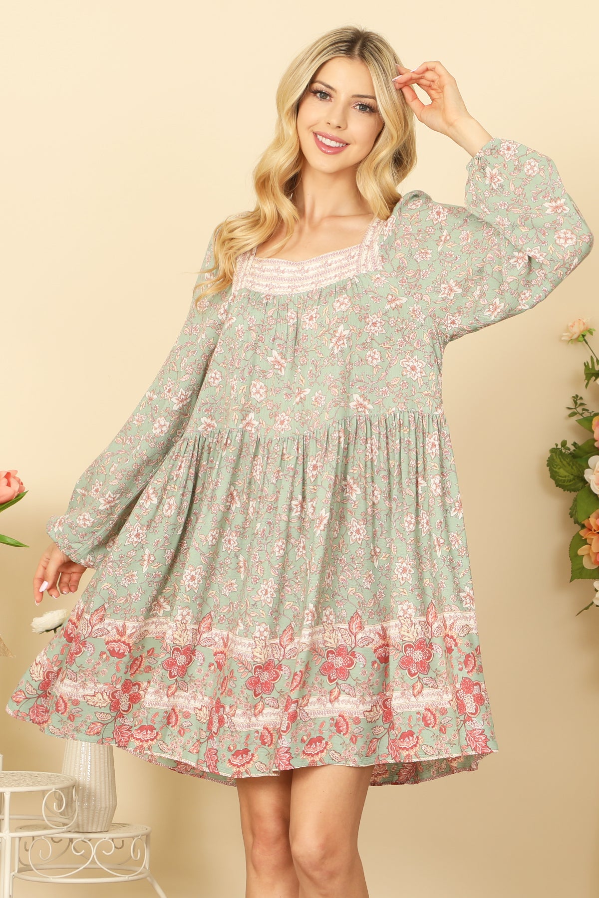 SAGE SQUARE NECK LONG PUFF SLEEVE PLEATED BABY DOLL PRINTED DRESS 2-2-2
